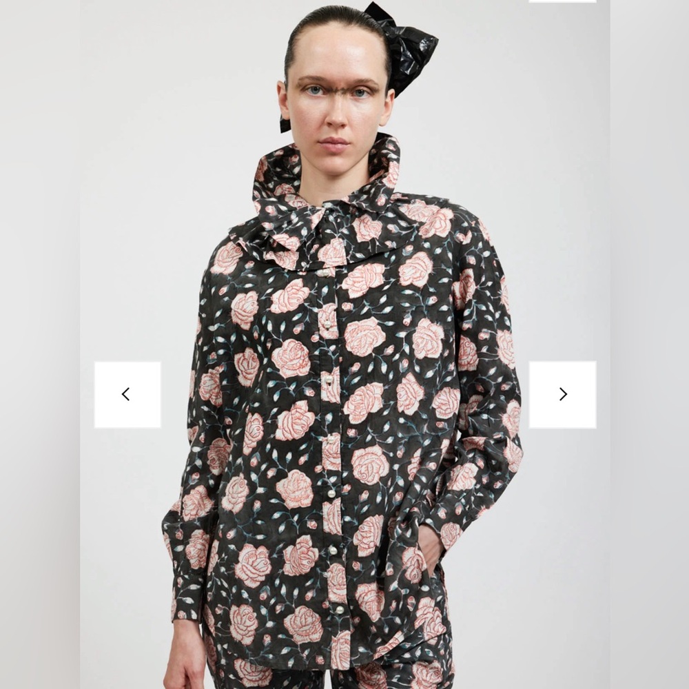 Batsheva Apollo Blouse in Black Watercolor Floral - Rose Ruffle Collar Top
